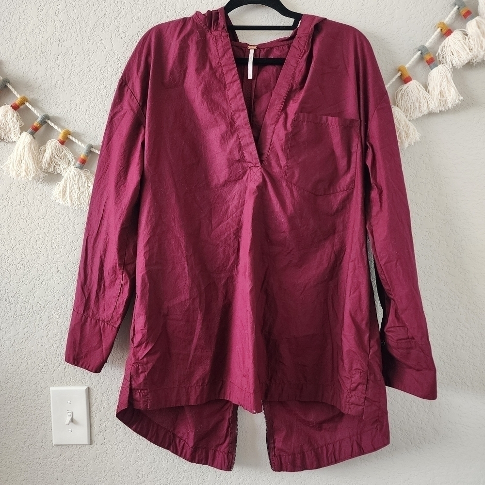 Free People Back Zip Hooded V-neck Pullover Jacket Burgundy Casual Basics M